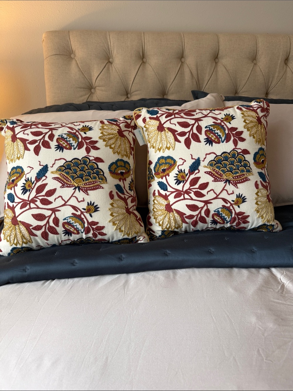 Waverly Embroidered Floral Throw Pillows - Cream, Gold & Red (Pair)
